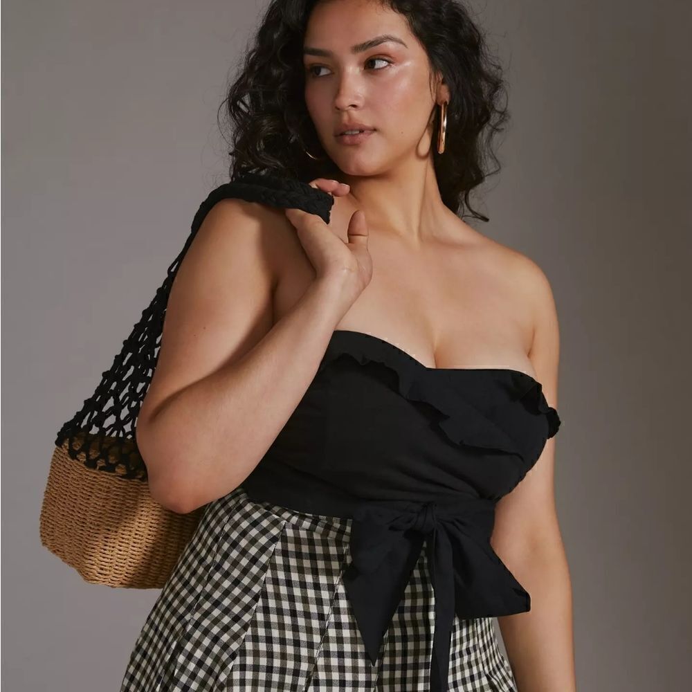 Anthropologie Ruffled Tie Front Black Tube Top Size Extra Small NWT